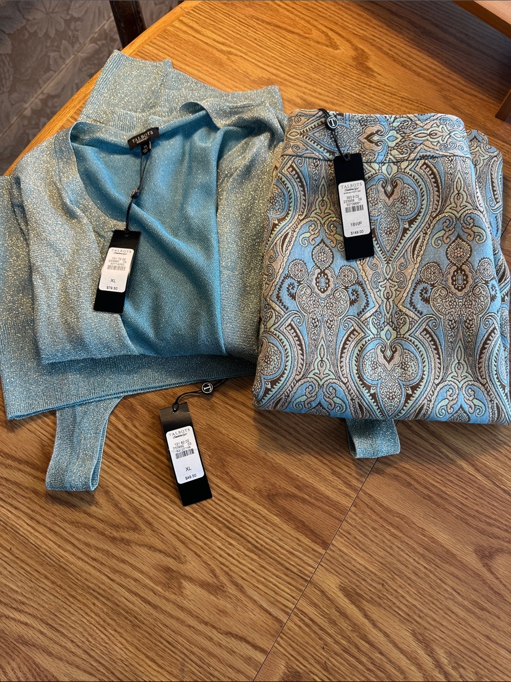 Talbots NWT skirt 18WP, & 2piece sweater set XL, sparkly gold, blue, & beige - Picture 5 of 14